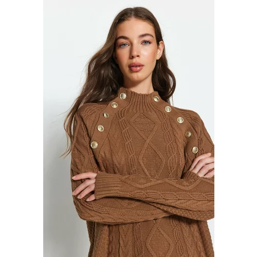 Trendyol Brown Wide Fit Knitwear Sweater With Accessory Detail