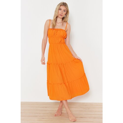 Trendyol Orange Maxi Woven Gathered Beach Dress Slike
