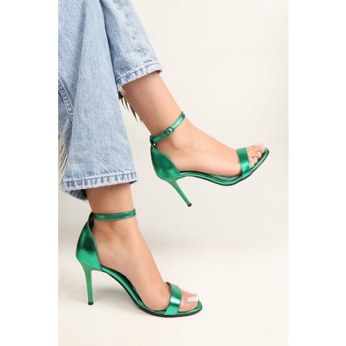 Shoeberry Women's Dianthus Emerald Green Metallic Single Strap Heeled Shoes Slike