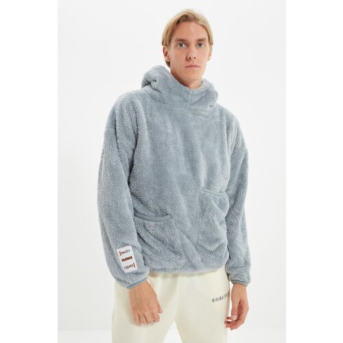 Trendyol Gray Unisex Oversized Hoodie with Label Detail, Double Pocket and Warm Plush Sweatshirt. Slike