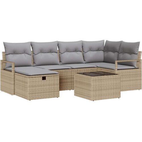  Set od 7 dijelova vrtnih kauča s jastucima Bež Poli Ratan  2-Sjedalni vrtni kauč s odlaganjem i jastucima Bež Poli Ratan Cijene