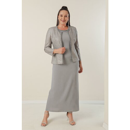 By Saygı Collar Stone Lined Long Crepe Dress Sequin Jacket Plus Size 2-Piece Suit Cene