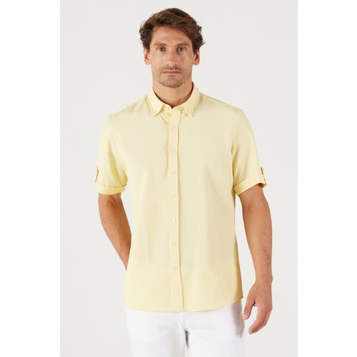 AC&Co / Altınyıldız Classics Men's Yellow Slim Fit Slim Fit Shirt with Hidden Buttons and Short Sleeves. Slike