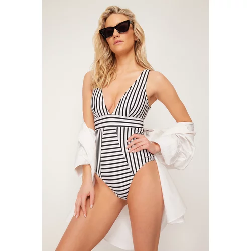 Trendyol Black and White Striped V-Neck Compression Swimsuit