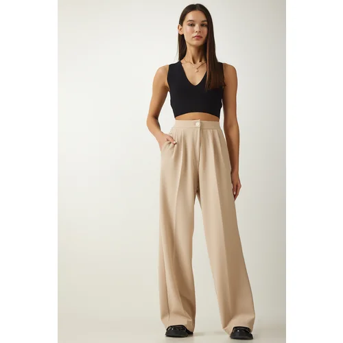  Women's Cream Pleated Palazzo Trousers