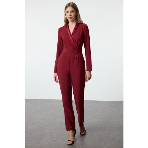 Trendyol Limited Edition Long Claret Red Satin Collar Detailed Woven Jumpsuit Cene