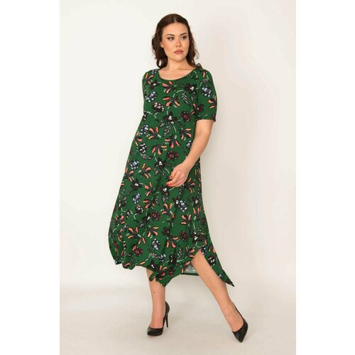 Şans Women's Plus Size Green Crew Neck Long Dress with Side Slit Slike