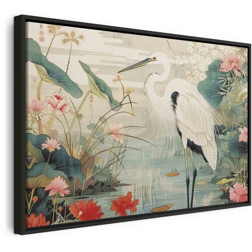  Slika - By an Asian pond - an illustration in the style of a Japanese engraving  depicting a heron 60x40 U crnom drvenom okviru Cijene