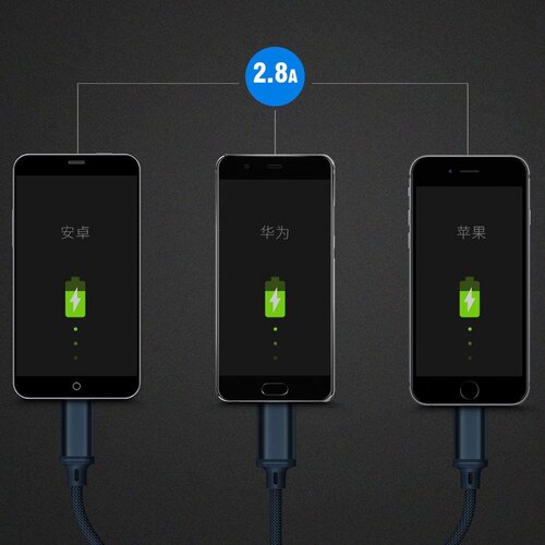 Remax Gition 3u1 pleteni USB-mikro USB / Lightning / USB-C kabel 2,8A 1,15M crni Slike