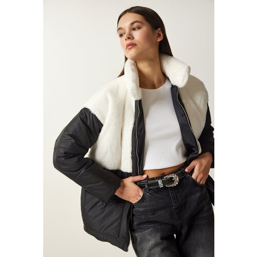 Happiness İstanbul Women's White Black Fur Collar Puffer Coat Cene