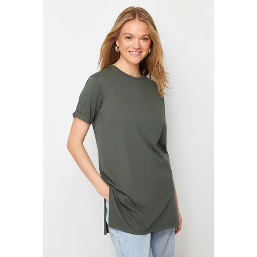 Trendyol Black-Khaki 2-Pack Slit Detailed Crew Neck Short Sleeve Basic Knitted T-Shirt