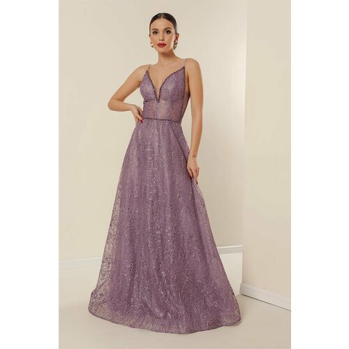 By Saygı Lined with Rope Straps, Sequin Long Dress with Beading Detailed and Embroidered Lilac Cene