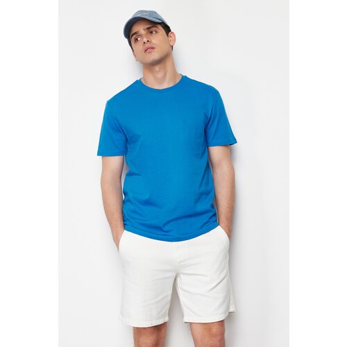 Trendyol blue men's regular cut text printed embroidered 100% cotton short sleeve t-shirt Cene