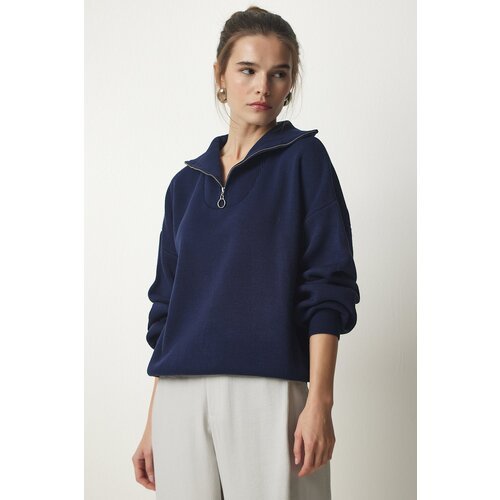 Happiness İstanbul Women's Navy Blue Zipper Collar Basic Knitwear Sweater Slike