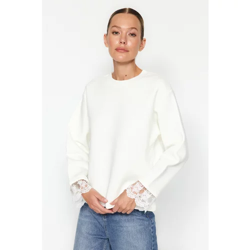 Trendyol Ecru Lace Detail Thicker Fleece Inside Oversized/Wide Knitted Sweatshirt