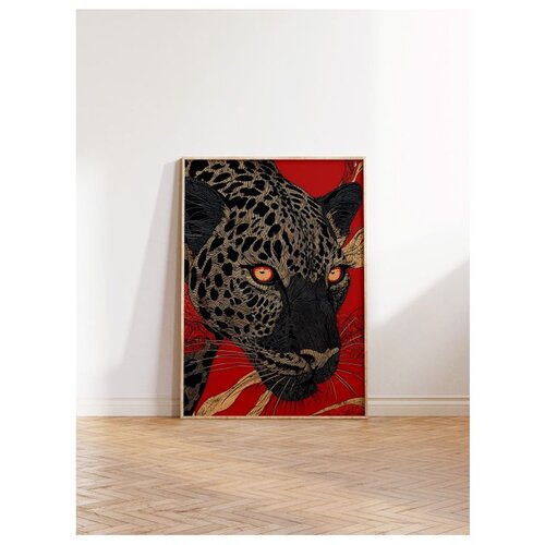Wallxpert uramljena slika 115270, leopard narandžastih očiju na crvenoj pozadini, 30 x 40 cm, ram u boji prirodnog drveta Slike