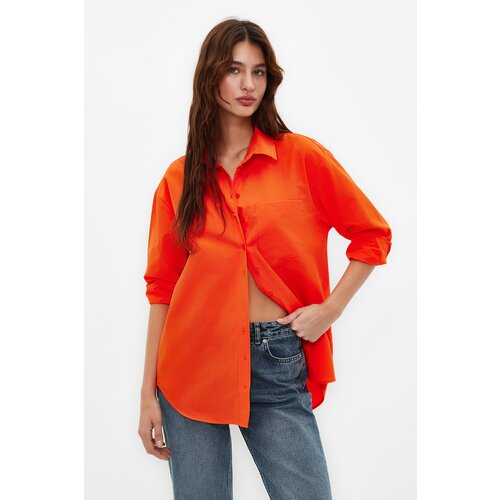 Trendyol Dark Orange Single Pocket Boyfriend Woven Cotton Shirt Slike