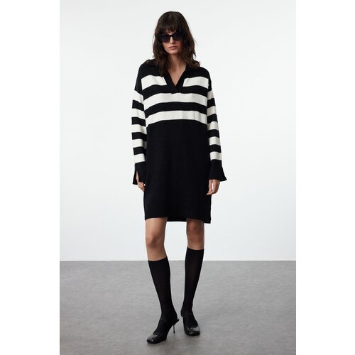 Trendyol Black Midi Knitwear Striped Dress Slike