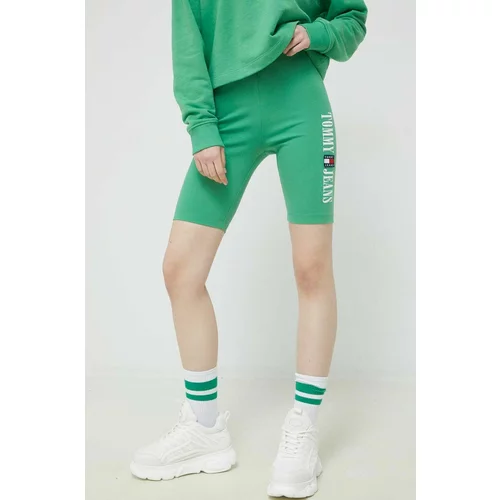 Tommy Jeans Kratke hlače za žene, boja: zelena, s aplikacijom, visoki struk