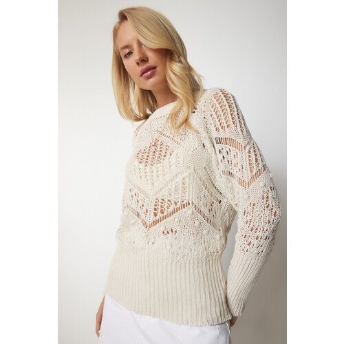  Women's Cream Textured Openwork Knitwear Sweater Cene