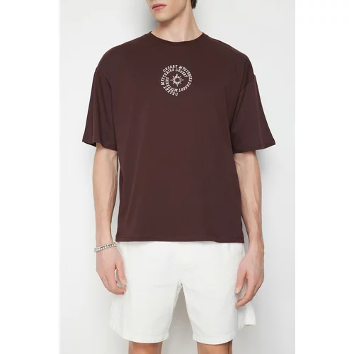 Trendyol Men's Brown Oversize/Wide-Fit 100% Cotton T-shirt with Text Embroidery