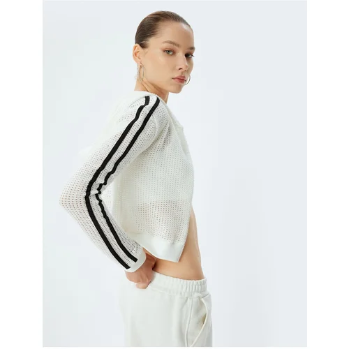 Koton Crop Sweatshirt Zippered Openwork Hooded Stripe Detail