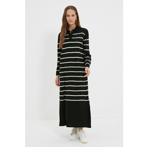 Trendyol Black-Stone Polo Neck Striped Knitwear Dress Slike