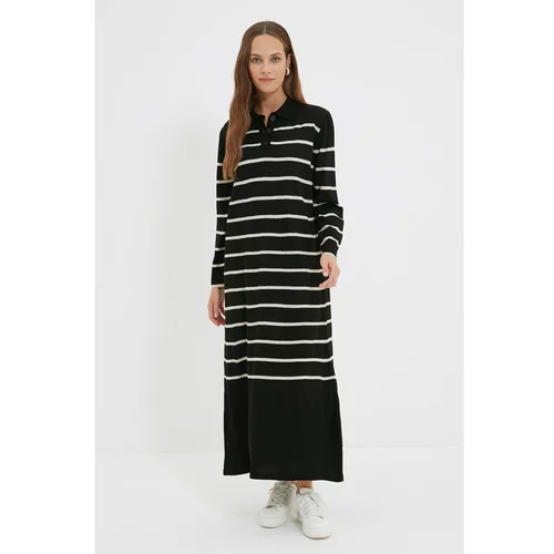 Trendyol Black-Stone Polo Neck Striped Knitwear Dress