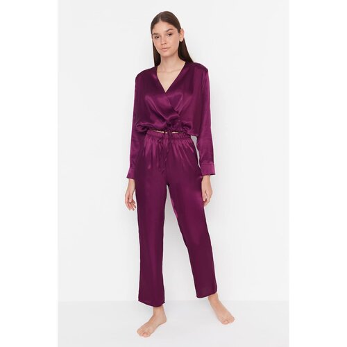 Trendyol Purple Double Breasted Collar Waist Detail Satin Woven Pajamas Set Cene