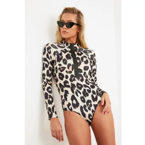 Trendyol Leopard Patterned Long Sleeve Surf Themed Swimsuit