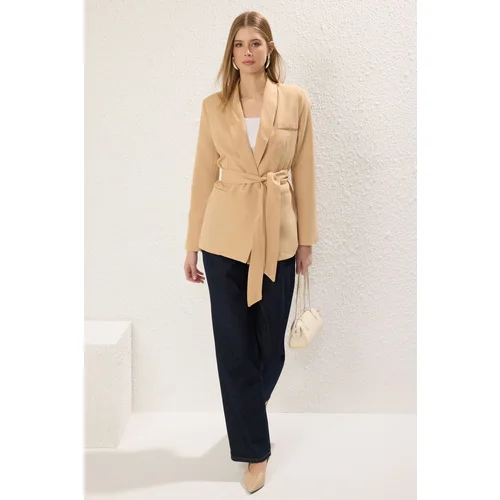 Trendyol Beige Linen Look Jacket Collar Waist Belted Blazer Jacket