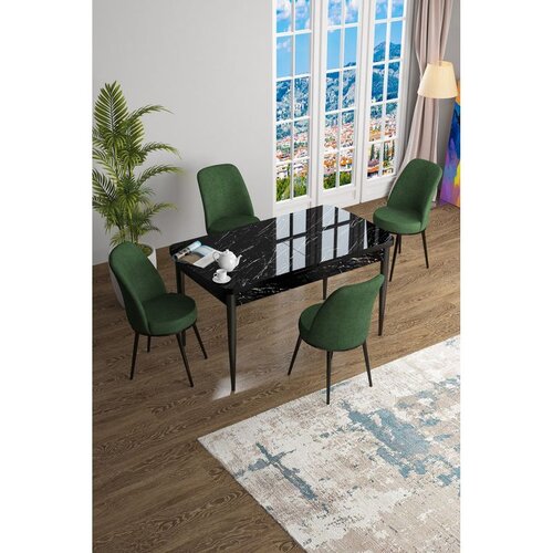 Hanah home trpezarijski set Han, sto na razvlačenje i 4 stolice, ploča u dekoru crnog mermera, kaki zelena tkanina Jerry Cene