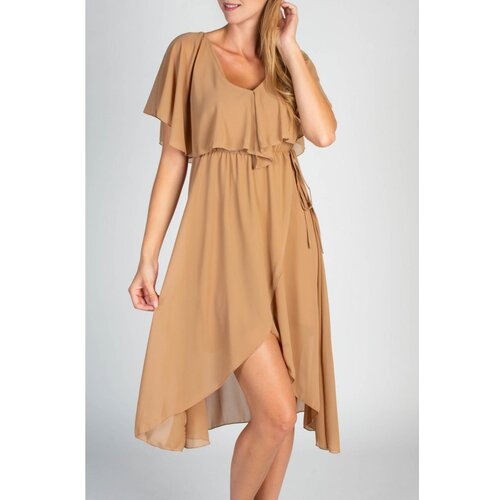 Fenzy elegantna midi obleka z volanom in krilom na preklop barbados, bež Slike