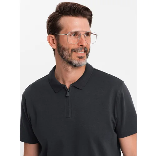 Ombre Men's melange polo shirt with striped collar - black