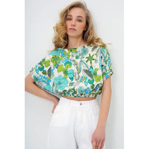 Trend Alacati Stili Ženska bluza kratkih rukava Alc-X13795, Brod izrez, Belo-zelena Cene