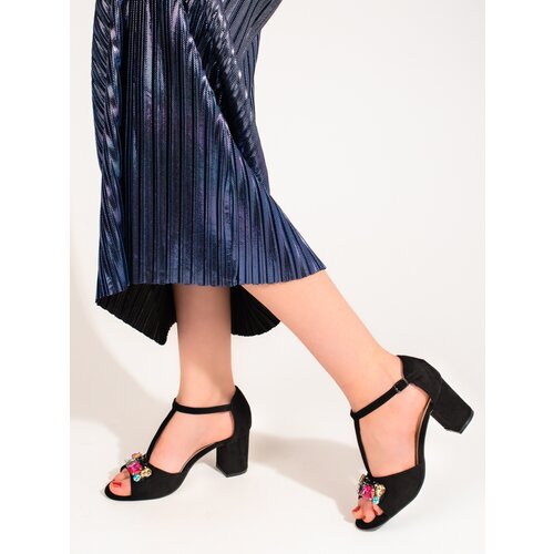 SHELOVET Suede women's post sandals with crystals black Slike