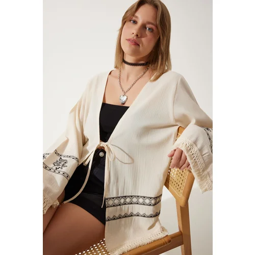  Women's Cream Embroidered Raw Linen Kimono