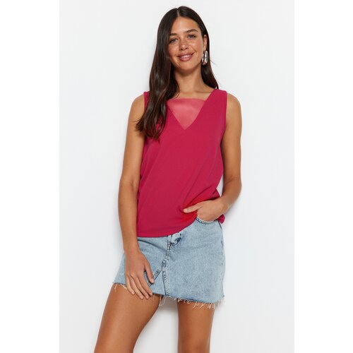 Trendyol Fuchsia V-Neck Mesh Detailed Crepe Knitted Blouse Slike