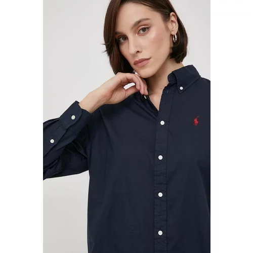 Polo Ralph Lauren Pamučna košulja za žene, boja: tamno plava, relaxed, s klasičnim ovratnikom