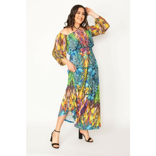 Şans Women's Plus Size Colored Halter Sleeve Detailed Colorful Dress Slike