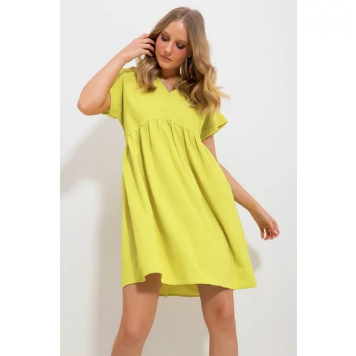 Trend Alaçatı Stili Women's Oil Green V-Neck Double Sleeve Flounce Woven Dress