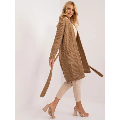 Fashion Hunters Camel long knitted cardigan with belt