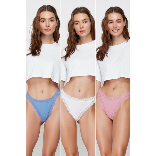 Trendyol White-Pink-Blue 3-Pack 100% Cotton Ribbed Lace Detailed String Briefs Cene