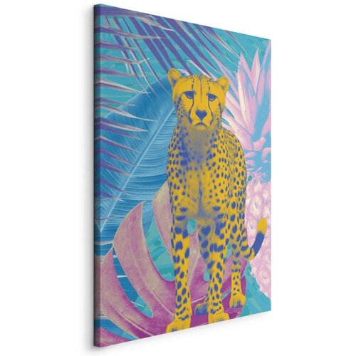  Slika - Exotic Leopard - Colorful Portrait of a Cheetah Against Tropical Leaves 80x120 Na talijanskom platnu Cene
