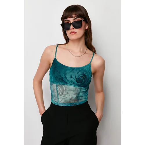 Trendyol Dark Green Patterned Fitted/Sleeping Strap Crop Knitted Blouse