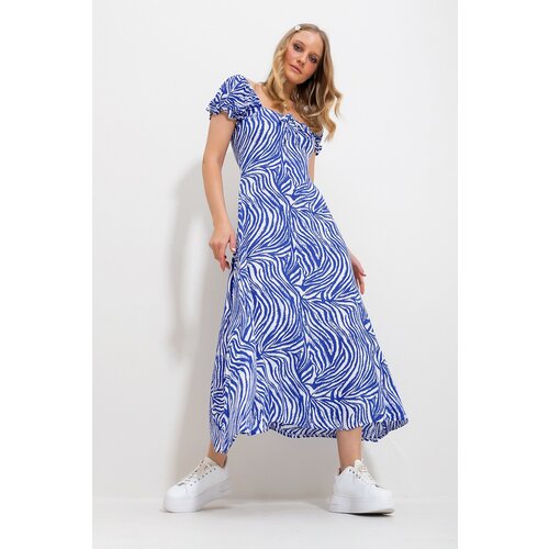 Trend Alaçatı Stili Women's Saxe Blue Square Neck Floral Pattern Woven Dress Cene