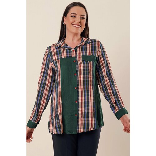 By Saygı Checked Patterned Shirt Green With Garnish Plus Size Plus Size Slike
