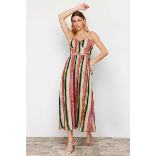 Trendyol Pink A-Line Accessory Stripe Detailed Patterned Woven Maxi Dress