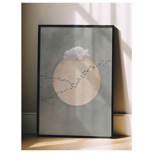 Wallxpert uramljena slika 115221, beli oblak i jato ptica ispred meseca na sivozelenoj pozadini, 30 x 40 cm, crni ram Cene