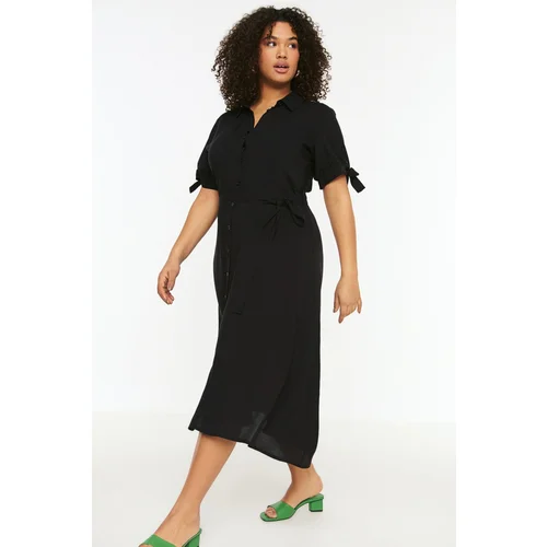 Trendyol Curve Black Belted Dress with Woven Buttons